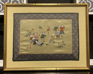 Vintage Chinese Hand Embroidered Silk Panel Ten Children, Firecrackers Framed - Picture 1 of 9