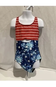 NEW Girl Swimsuit Medium 7/8 One Piece Crossback Red Blue Stars - Picture 1 of 2