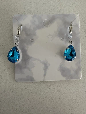Aquamarine Blue Crystal Teardrop Pear Earrings, Elegant Formal Classic Hooks - image 1 of 4
