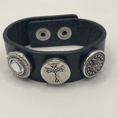 Snap Jewelry Black Leather Triple Bracelet L Unisex With 3 20mm Ginger Charms - Image 1 of 4