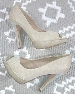 Opulence Next Womens Peep Toe Platform Stiletto Gold UK 4.5 Glitter Wedding Prom - Picture 1 of 20