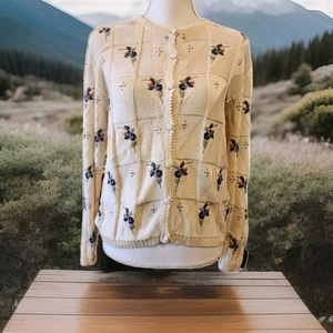 Vtg Peruvian Connection 100% Pima Cotton Floral Embroidered Cardigan Sz M EUC - Picture 1 of 7