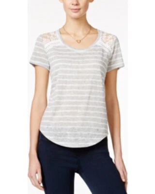 New Maison Jules Women Stripe Lace Insert T-Shirt, Grey/White, XS - Image 1 of 3