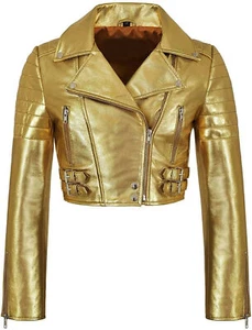 Women's Motorbike Leather Jacket 100% Real Lambskin Leather Gold Crop Top Jacket - Picture 1 of 10