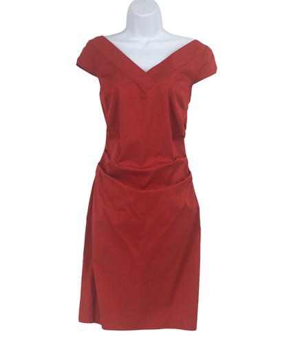 VALENTINO Abito elasticizzato rosso bomba retrò arricciato anteriore largo collo a V taglia 8