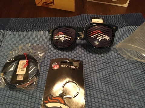 New Licensed Denver Broncos Game Day Sunglasses. Ribbon Bracelet And Keychain Cover