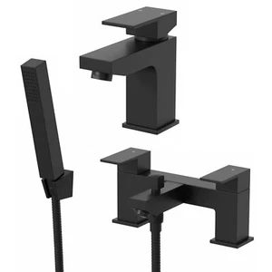 Bath Shower Mixer & Basin Tap Set Square Twin Lever Deck Mounted Matt Black - Picture 1 of 13