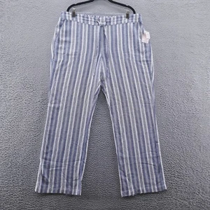 Per Se Womens Straight Leg Linen Blend Pants XL Blue White Stripe Drawstring NEW - Picture 1 of 13