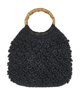 J.Crew Straw Purse with Bamboo Handles Black Flowers NWT - Picture 1 of 24