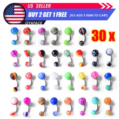 30 件穿孔套装 316L 钢质腹部纽扣肚脐环弧形杠铃穿孔 14G — 第 1/3 张图片