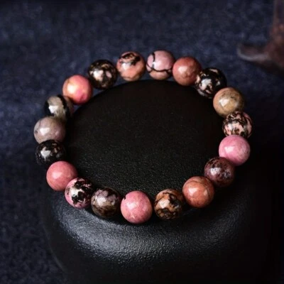 Natural Rhodonite Stone Bracelet Pink Black Gemstone Elastic Bracelet Handmade - Image 1 of 4