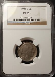 1926-S Buffalo Nickel $0.5¢-Graded NGC VF-25!Looks Nicer,LOWEST MINTAGE!KEY DATE