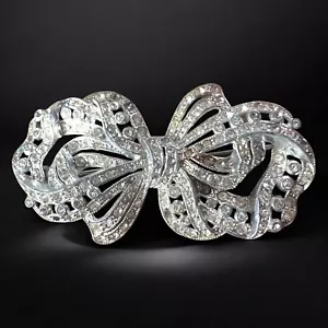 Art Deco Bow Brooch 1930s Rhinestone Sparkle Pin Rhodium Vintage Old Hollywood - Picture 1 of 9