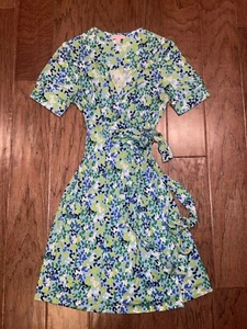 Lilly Pulitzer Silk Wrap Short Sleeve Dress Blue Green Size 4 - Picture 1 of 7
