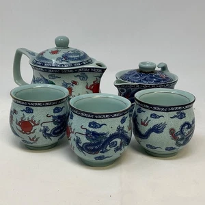 Chinesischer Drache Porzellan Teeservice 4 Teile Teekanne & Tassen blau rot Vintage Stil - Bild 1 von 8