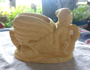 Vintage Elf Planter Elf Riding A Swan Yellow With Baby Swan Pottery - Picture 1 of 13