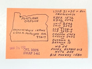 De colección QSL Tarjeta Ham CB Radioaficionado Raymond Joyce LePage Portland O 1981 - Imagen 1 de 2