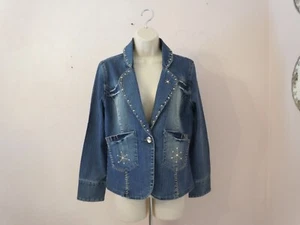 CHUANG YING Jeans Blue Cotton/Elastane Denim Studded One Button Jacket Size L Jr - Picture 1 of 5