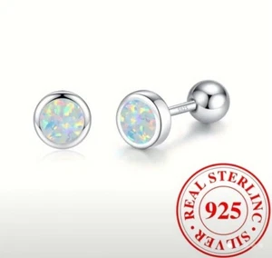 925 Sterling Silver Opal Stud Earrings, Minimalist - Picture 1 of 2