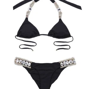 BRAND NEW 2PC SET BEACH BUNNY HAILEY MEDIUM SMALL BLING CRYSTAL BLACK BIKINI - Picture 1 of 4