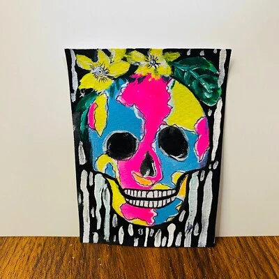 ACEO Fantasy World Calavera de Azúcar Arte Día de los Muertos Sin Marco Pintura Acuarela Foto 1 de 4
