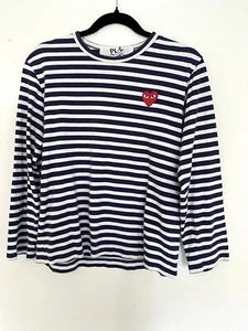 Comme Des Garçons Striped Navy Play Heart Logo Preppy Classic T Shirt - Picture 1 of 7