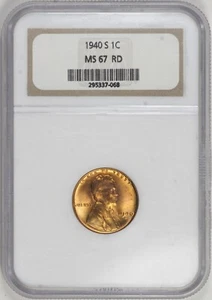 1940-S Lincoln Wheat Cent 1c NGC MS67 RD, Old Gen 8.0 Holder [BN068] - Picture 1 of 4
