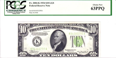 1934 $10 Federal Reserve Note Light Green Seal Dallas PCGS 63PPQ #K04303290A - Image 1 of 2