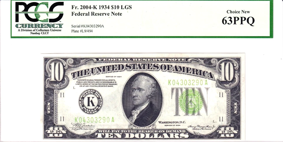 1934 $10 Federal Reserve Note Light Green Seal Dallas PCGS 63PPQ #K04303290A - Image 1 of 2