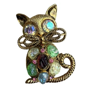 Rarität Hollycraft Pastell AB Mond Rock Strass Katze Brosche signiert Vintage - Bild 1 von 4