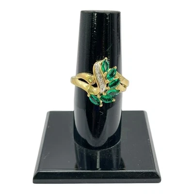 9ct 9k Yellow Gold Created Green Emerald And Diamond Ladies Ring Size O. New - Image 1 of 4