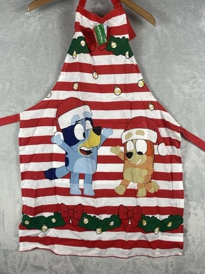 NWT Christmas Holiday Kitchen Apron Bluey Bingo Red White Sleigh Bell Bistro NEW