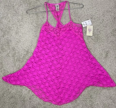 In Bloom By Jonquil Hot Pink Lace Racerback Baby Doll Chemise Size S Sexy Sheer - Image 1 of 4