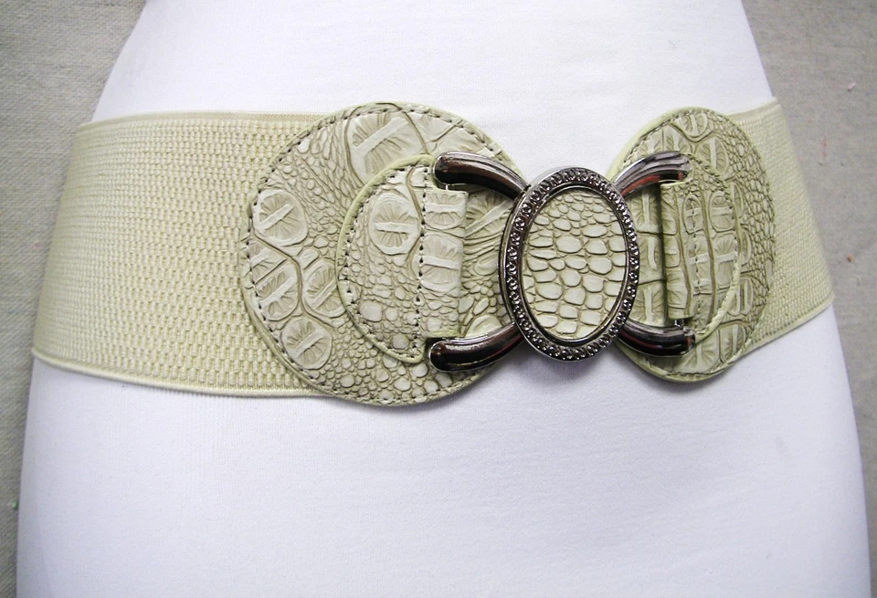 LO ÚLTIMO MUJER CINTURÓN ELÁSTICO CREMA OVALADO COCODRILO ESTAMPADO ENCANTADOR PLATA HEBILLA TALLA ML Foto 1 de 1