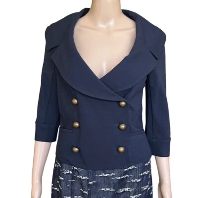 Jaqueta cropped Diane Von Furstenberg azul marinho colarinho retrato peito duplo tamanho 8 - Imagem 1 de 4