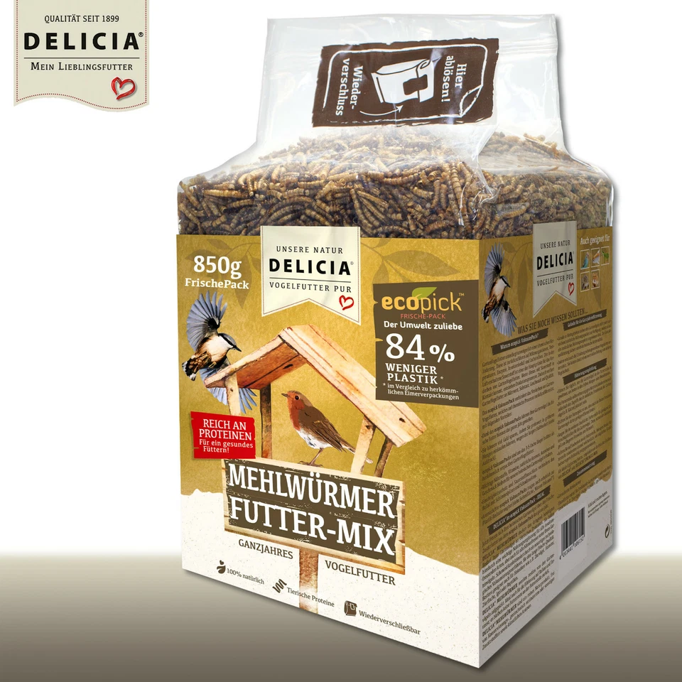Delicia 850 g Mehlwürmer Futter-Mix Picknic ecopick Gartenvögel Igel Reptilien