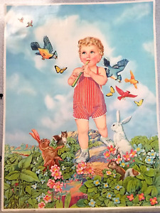 Child Playing Recorder with Animals Art Poster Curly Colorful FAS 1950 Vintage
