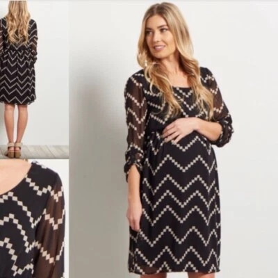 (NWT) Pinkblush Black/Beige Chevron Maternity Dress Size Medium - Image 1 of 4