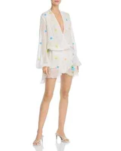 Rococo Sand Sequined Mini Dress Women's XS White Multi Deep V-Neck Pullover L/S - Picture 1 of 17