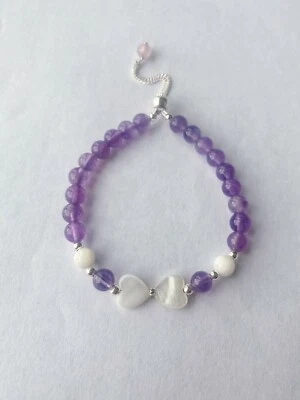 Handmade Gemstone Bracelet Genuine Amethyst And Carved Shell Heart Adjustable — 第 1/4 张图片