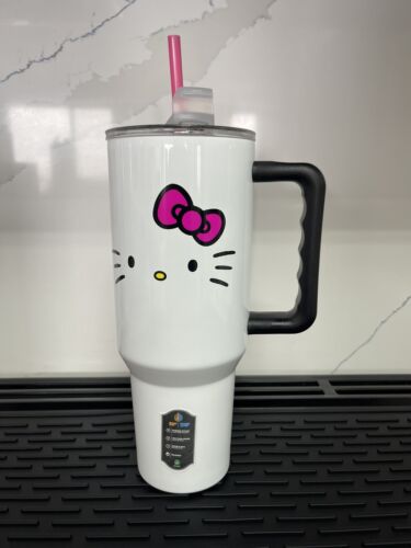 Hello Kitty 40oz Steel White Tumbler Cup Black Handle Flip Top Lid w/ Straw NEW
