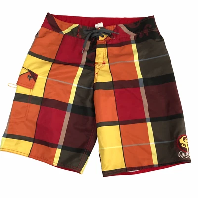 QUICKSILVER Board Shorts Bañador, Largo Talla Para Hombre 33 Naranja Rojo Amarillo Cuadros Foto 1 de 4