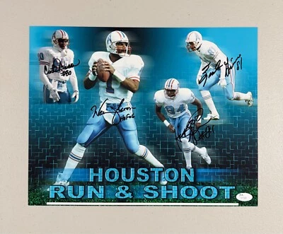 HOUSTON OILERS RUN & SHOOT MULTI SIGNED 11x14 PHOTO WARREN MOON HOF 06 - JSA - Image 1 of 3