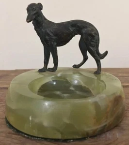 Antique Borzoi Russian Wolfhound Pin Trinket Tray Bronze On Onyx Austria 3” X 3” - Picture 1 of 9