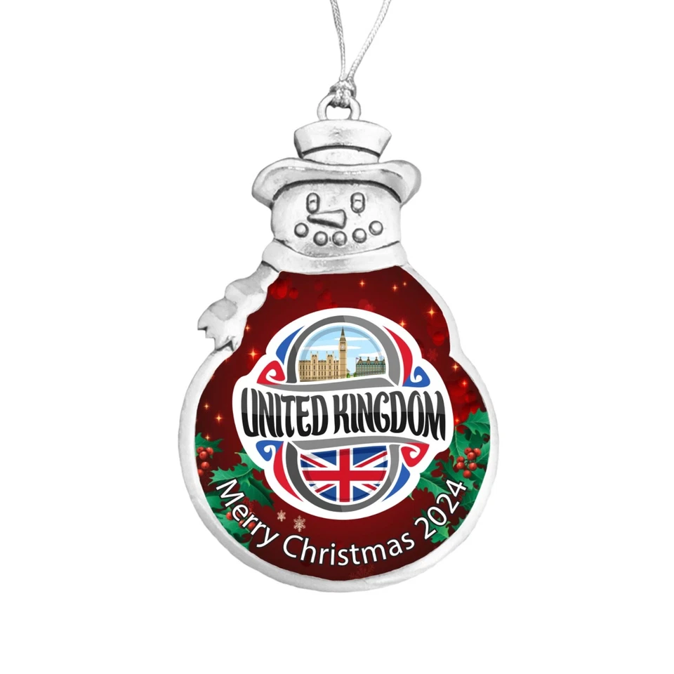Reino Unido Viaje de Vacaciones 2024 Rojo Plata Muñeco de Nieve Navidad Adorno Regalo Foto 1 de 1