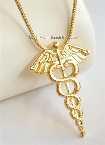 HERMÈS Collana Caduceo RN LPN MD Medico Infermiere Laurea Regalo Placcato Oro