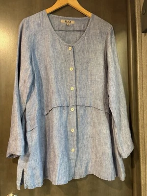 Blusa Camisa Blusa FLAX Lino Túnica Azul Costura Cintura Abotonada S Foto 1 de 4