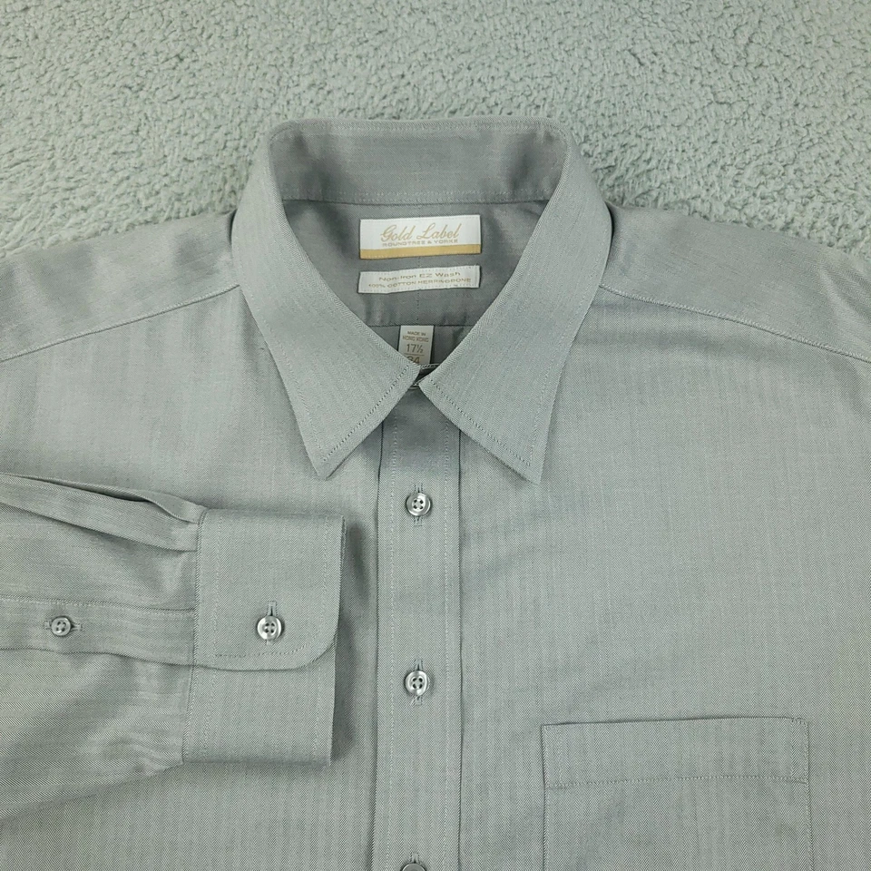 Roundtree & Yorke Gold Label Shirt Mens 17.5 34 Gray Herringbone Non Iron Dress - Image 1 of 4