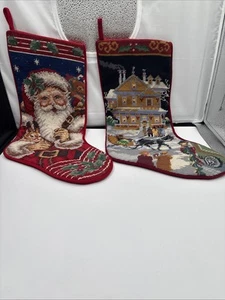 Vintage Wool Needlepoint Christmas Stocking Velvet Back Handmade Lot 2 Decor - Picture 1 of 5