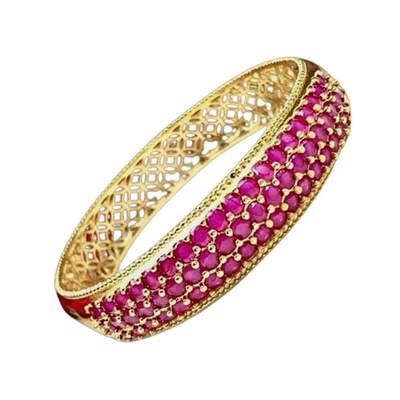 Pulsera Rubí CZ 24K Baht Tailandés Chapado en Oro Amarillo Rosa Tres Filas Joyería Moda Foto 1 de 4